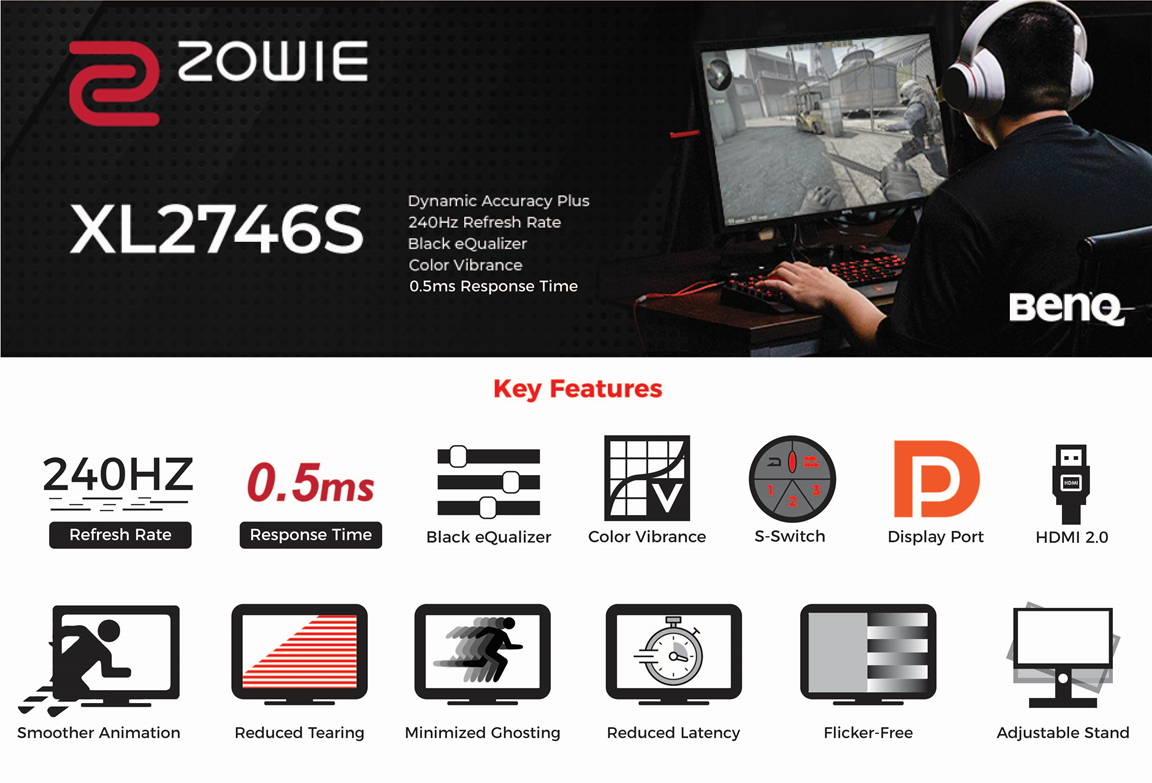 BenQ ZOWIE XL2546S 24.5 inch 240Hz esports Monitor, 1080p 0.5ms, Dynamic Accuracy Plus & Black eQualizer & Color Vibrance for Competitive Edge, S-Switch for custom Display Profiles,  Shield,  Height Adjustable Stand

